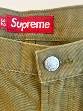 Supreme Olive Twill Pants with Red Logo Tag